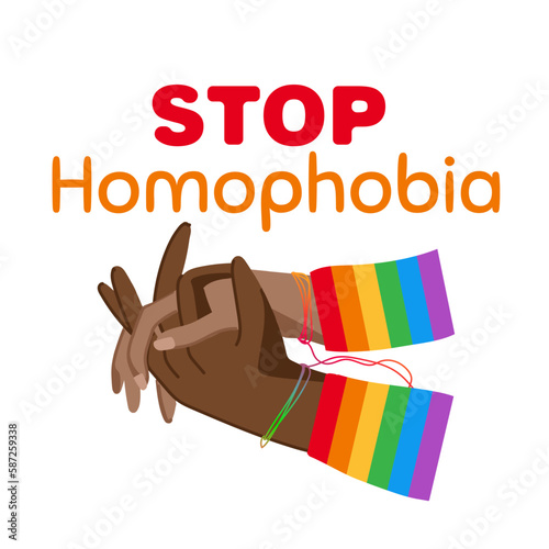 Rainbow stop sign with a hands and text Stop Homophobia for the International Day Against Homophobia. Without background, isolated, clip art.
