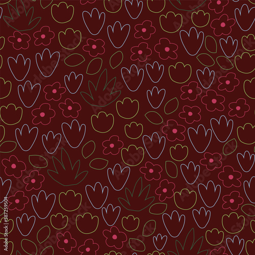 Earth brown Outdoor with flowers vector seamless pattern. Spring in the park. Line art