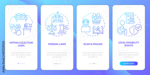 Laws and legal matters blue gradient onboarding mobile app screen. Walkthrough 4 steps graphic instructions with linear concepts. UI, UX, GUI template. Myriad Pro-Bold, Regular fonts used