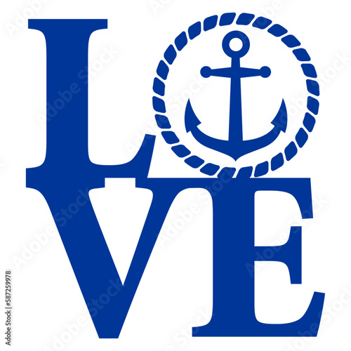 Logo nautical. Letras palabra Love en texto manuscrito con silueta de ancla de barco en círculo de cuerda en lugar de letra o