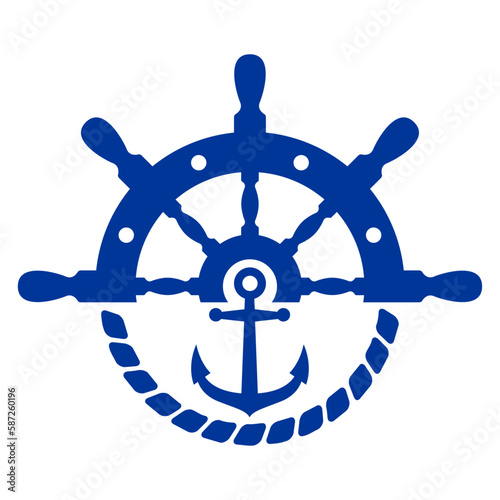 Logo nautical. Silueta de timón y ancla de barco con círculo de cuerda