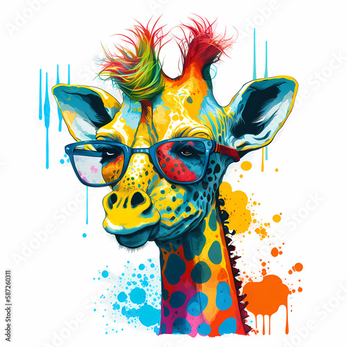 colorful giraffe, wearing sunglasses