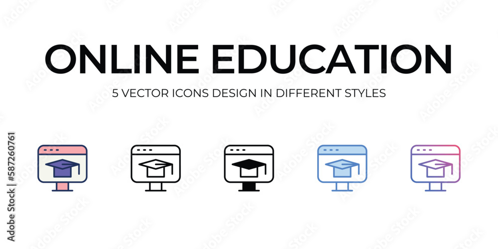 Online Education Icon Design in Five style with Editable Stroke. Line, Solid, Flat Line, Duo Tone Color, and Color Gradient Line. Suitable for Web Page, Mobile App, UI, UX�and�GUI�design.