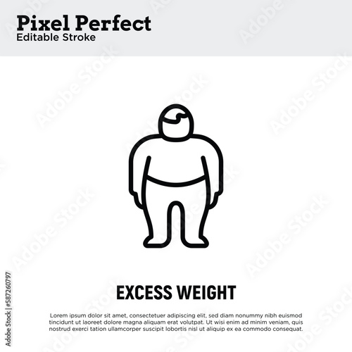 Obesity, excess weight thin line icon. Overweight, unhealthy body, dieting. Chubby man. Pixel perfect, editable stroke. Vector illustration.