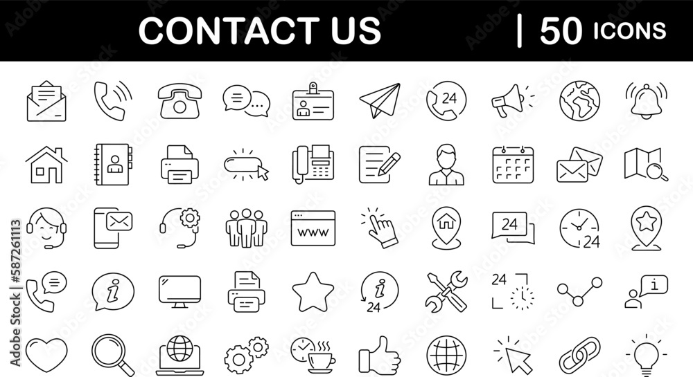 Contact us set of web icons in line style. Social Media network icons for web and mobile app. Customer service. Contact support sign and symbols. Call us, support, email, message, phone, info