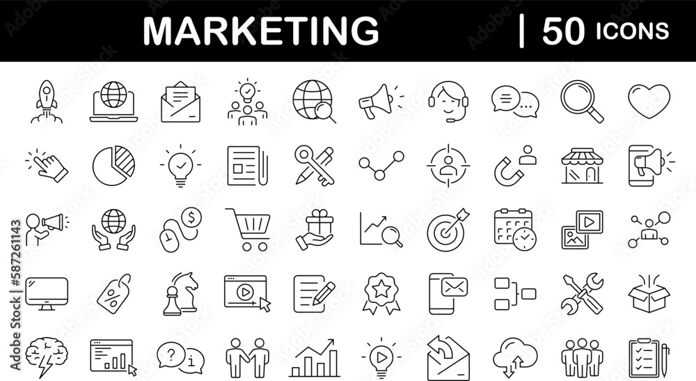 Digital Marketing set of web icons in line style. Marketing icons for web and mobile app. Sales, e-commerce, SEO, business, feedback, analytics, ads, communication, content. Vector illustration