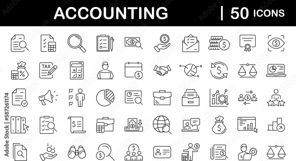 Accounting set of web icons in line style. Accounting and audit icons for web and mobile app. Containing finance report and audit, invoice, tax return, accounting, auditing, inspection and more.