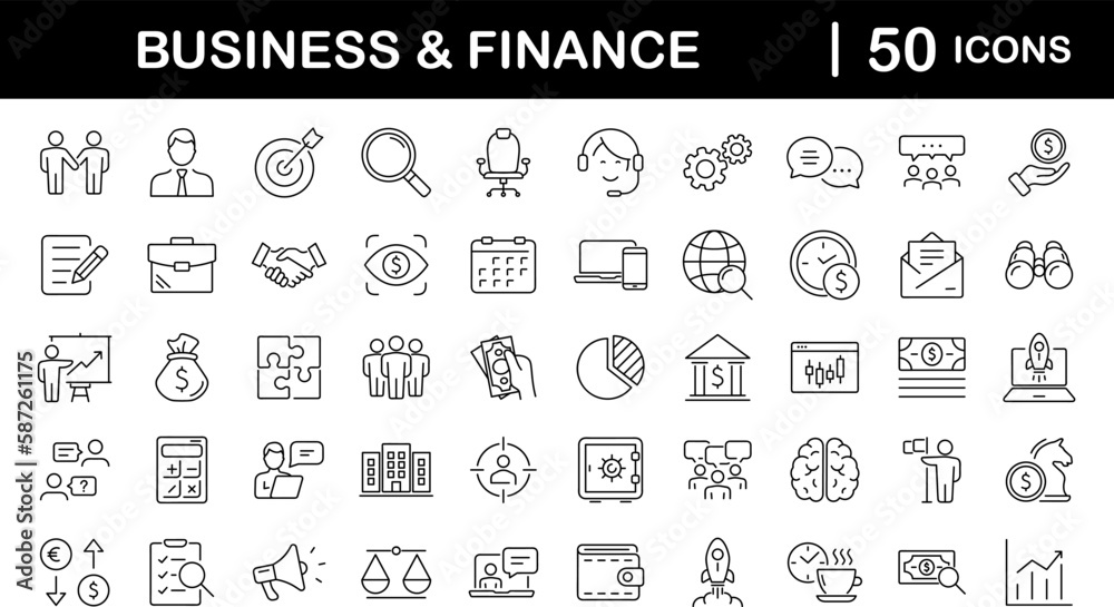 Business and finance set of web icons in line style. Money and business icons for web and mobile app. Money, business process, bank, teamwork, office, payment, management, wallet. Vector illustration