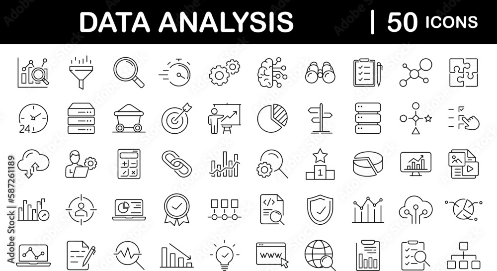 Data analysis set of web icons in line style. Data analytics icons for web and mobile app. Graphs, traffic analysis, data processing, research network collection, statistics, analytics, performance.