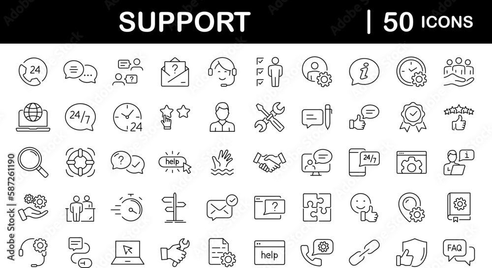 Customer Service and Support set of web icons in line style. Support and Help icons for web and mobile app. Online assistance, email, customer service, contact, help, helpdesk, feedback, 24 hrs Customer Service and Support set of web icons in line style. Support and Help icons for web and mobile app. Online assistance, email, customer service, contact, help, helpdesk, feedback, 24 hrs