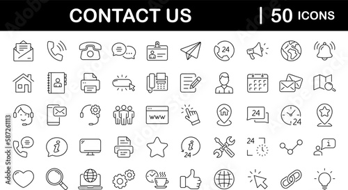 Contact us set of web icons in line style. Social Media network icons for web and mobile app. Customer service. Contact support sign and symbols. Call us, support, email, message, phone, info