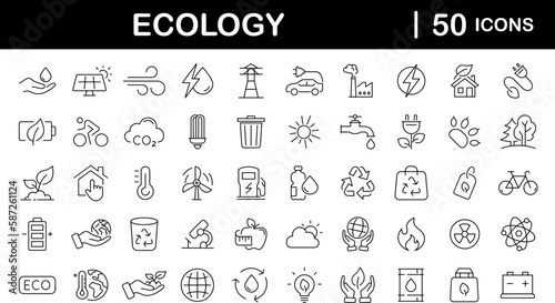 Ecology and Environment set of web icons in line style. Ecology and Energy icons. Eco friendly. Electric car, global warming, renewable energy, organic farming. Vector illustration