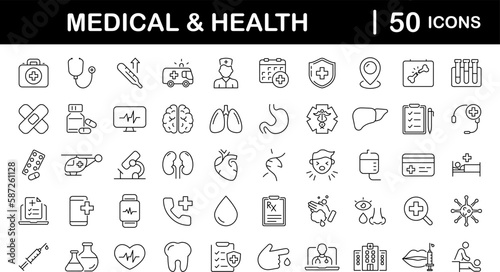 Valokuva Medicine and health set of web icons in line style