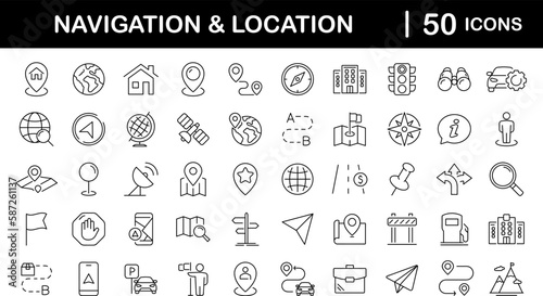 Navigation and location set of web icons in line style. Map location and navigation icons for web and mobile app. Map pin, GPS, compass, navigator, marker, map, pointer, traffic, travel, direction