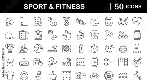 Sport and Fitness set of web icons in line style. Gym and health care. Healthy lifestyle icons. Nutrition and dieting, training, body care, healthy food, workout, muscle, weight and more