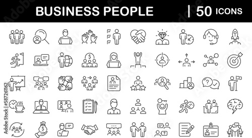 Business People set of web icons in line style. Teamwork in business management icons for web and mobile app. Business meeting, handshake, agreement, human resources, office management, workplace team