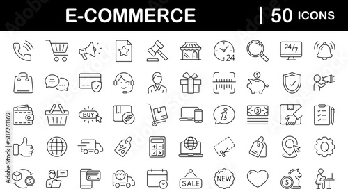 E-Commerce set of web icons in line style. Online shopping icons for web and mobile app. Business, mobile shop, digital marketing, bank card, gifts, sale, delivery. Vector illustration