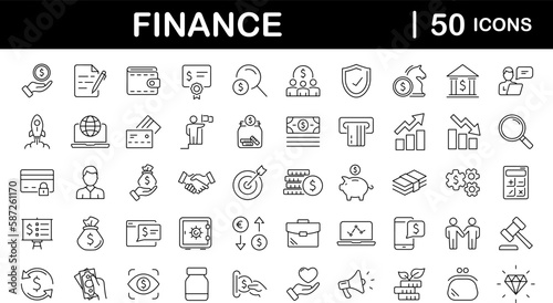 Finance set of web icons in line style. Money and Payment icons for web and mobile app. Money, payments, financial report, pay, banking, business, coin and more. Vector illustration