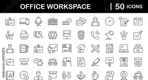 Office workspace set of web icons in line style. Office and coworking icons for web and mobile app. Office, remote working, meeting, co-worker, workspace, desk, computer, business icons and more