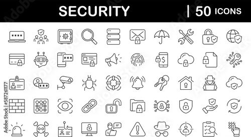 Security set of web icons in line style. Cyber Security and internet protection icons for web and mobile app. Password, security system, finger print, spy, electronic key and more. Vector illustration