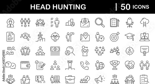 Headhunting set of web icons in line style. Recruitment icons for web and mobile app. Career, resume, job hiring, candidate, HR, business, headhunting, recruitment. Vector illustration