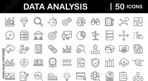 Data analysis set of web icons in line style. Data analytics icons for web and mobile app. Graphs, traffic analysis, data processing, research network collection, statistics, analytics, performance.