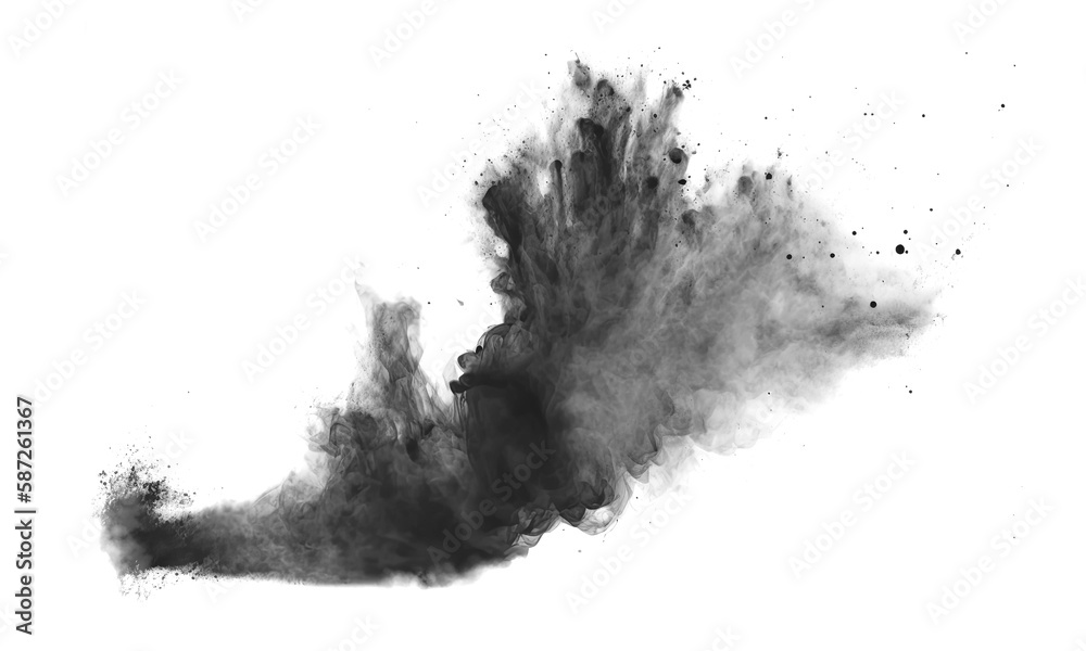 Black smoke explosion on empty transparent background. Isolated abstract brush. Generative ai