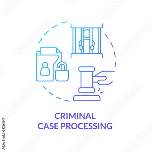 Criminal case processing blue gradient concept icon. Judgement. Accused of crime. Justice system abstract idea thin line illustration. Isolated outline drawing. Myriad Pro-Bold font used