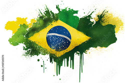 Watercolor brasil flag splash on transparent png background. Generative ai.