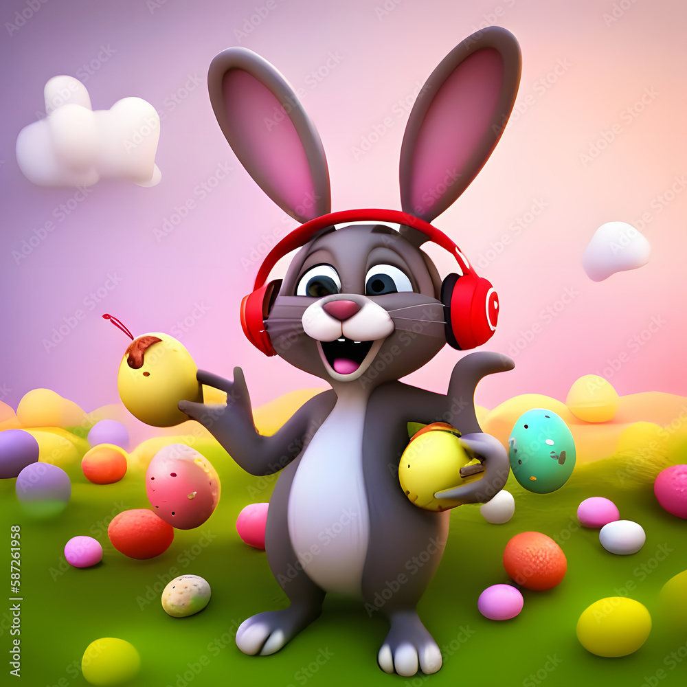 Easter bunny with easter eggs and headphones. Colorful easter eggs lying around. Generative AI.