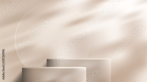 3D realistic products display beige podium stand pedestal on brown background with circle glass transparent and leaf shadow lighting