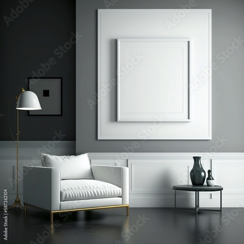 Mockup poster frame on the wall of living room. Luxurious apartment background with minimalistic design. Modern interior design. 3D render  3D illustration.