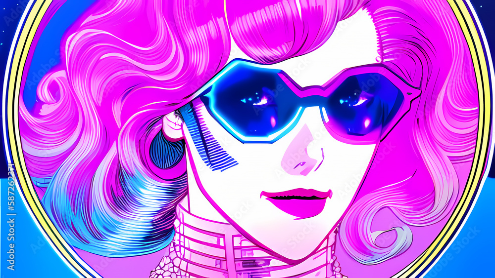 Pink neon girl with sunglasses, abstract. Retro vintage girl illustration. Generative AI.