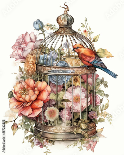 bird in cage with flowers
