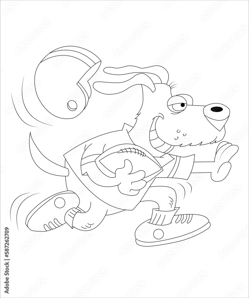 Dog playing football Cartoon illustration. Funny and cute Puppy and soccer ball coloring page for kids. Cartoon illustration Vector flat style