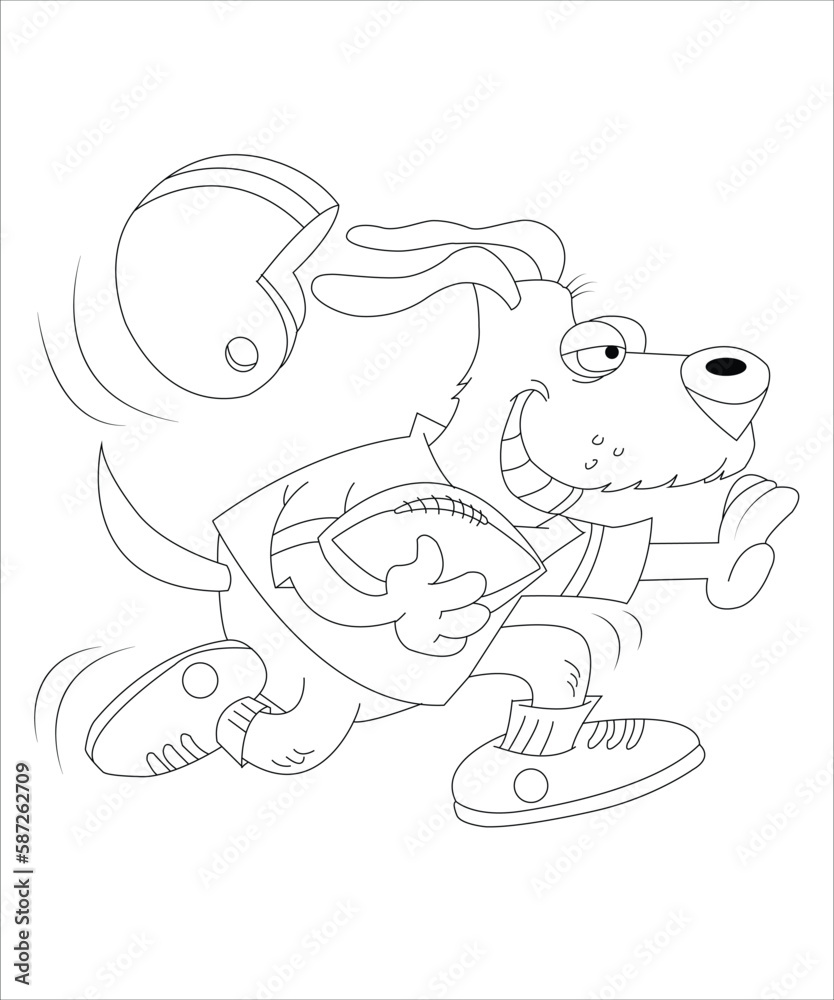 Fototapeta premium Dog playing football Cartoon illustration. Funny and cute Puppy and soccer ball coloring page for kids. Cartoon illustration Vector flat style