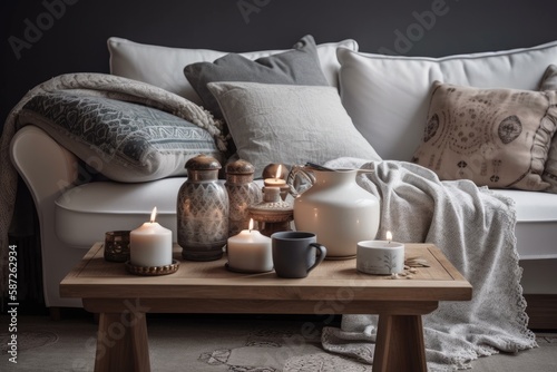 Cropped photo of cozy white sofa with ornamental cushions near wooden table with black teapot and candle holders against copy space backdrop. Scandinavian living room. Generative AI
