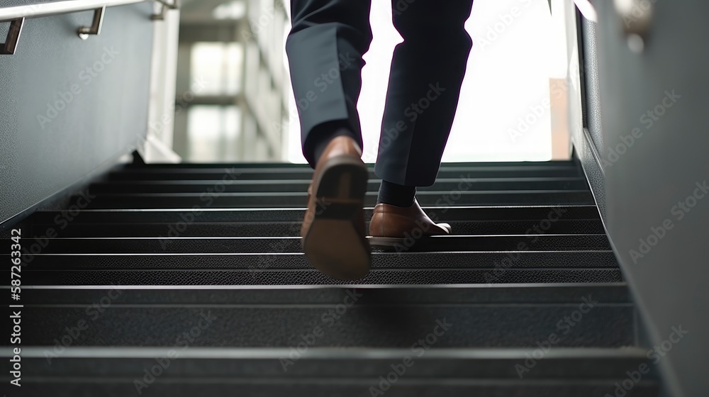 A man is walking up the stairs with his foot on the stairs. Generative AI A man is walking up the stairs with his foot on the stairs. Generative AI