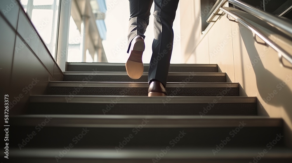 A man is walking up the stairs with his foot on the stairs. Generative AI A man is walking up the stairs with his foot on the stairs. Generative AI