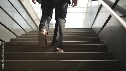 A man is walking up the stairs with his foot on the stairs. Generative AI