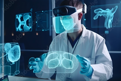 Hospital Futuristic Digital Concept. Himan with Reality VR Glasses, Investigate Patient Lungs Status. Virus Detection, Future Advanced Technology. Artificial Intelligence, ai generative