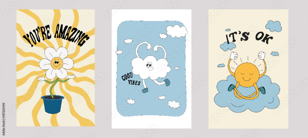 set of illustrations in hippie style. retro style, illustrations in the style of the 60s. illustrations with captions 'you`re amazing' `it`s ok` `good vibes`.
The meditating sun, a cloud, a cheerful ,