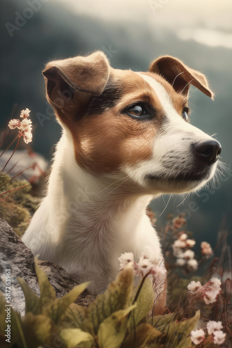 Ein junger Jack Russel Hund in den Bergen created with Generative AI technologies