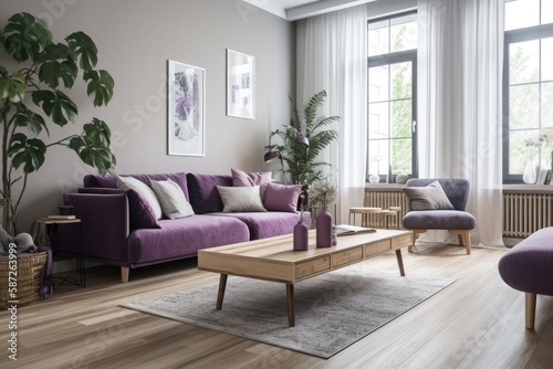 Contemporary white and violet timber living room. Fabric couch  parquet floor  window  and decors. Japanese interiors. Generative AI