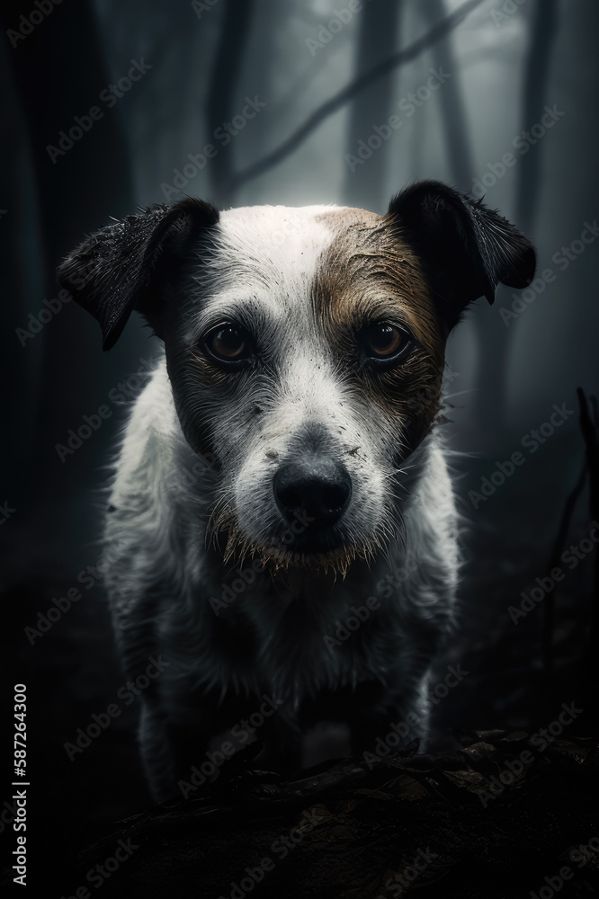 Ein Jack Russel Hund im nebligen Wald created with Generative AI technologies