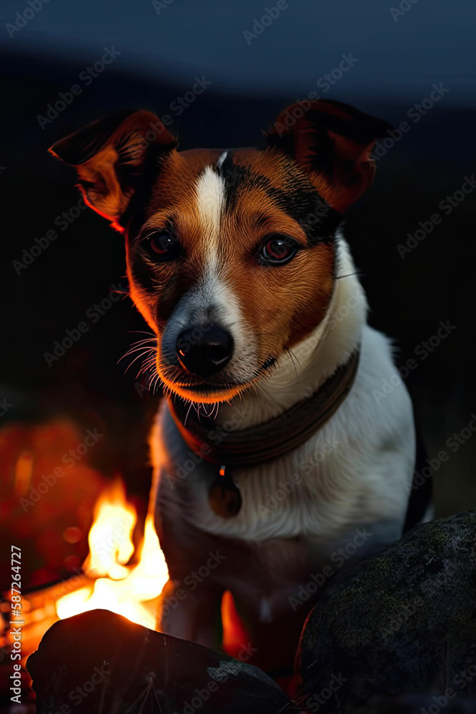 Ein Jack Russel Hund an einem Lagerfeuer created with generative AI Ein Jack Russel Hund an einem Lagerfeuer created with generative AI