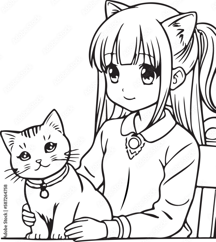 Anime girl play with kitten, vector coloring for children.