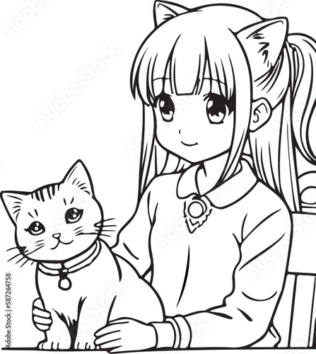 Obraz na płótnie Anime girl play with kitten, vector coloring for children. w salonie