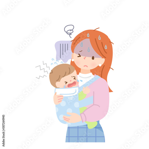 泣いている赤ちゃんを抱っこする疲れたママ