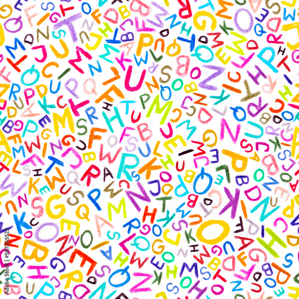Seamless pattern - Wax Crayon alphabet font letters over white background.